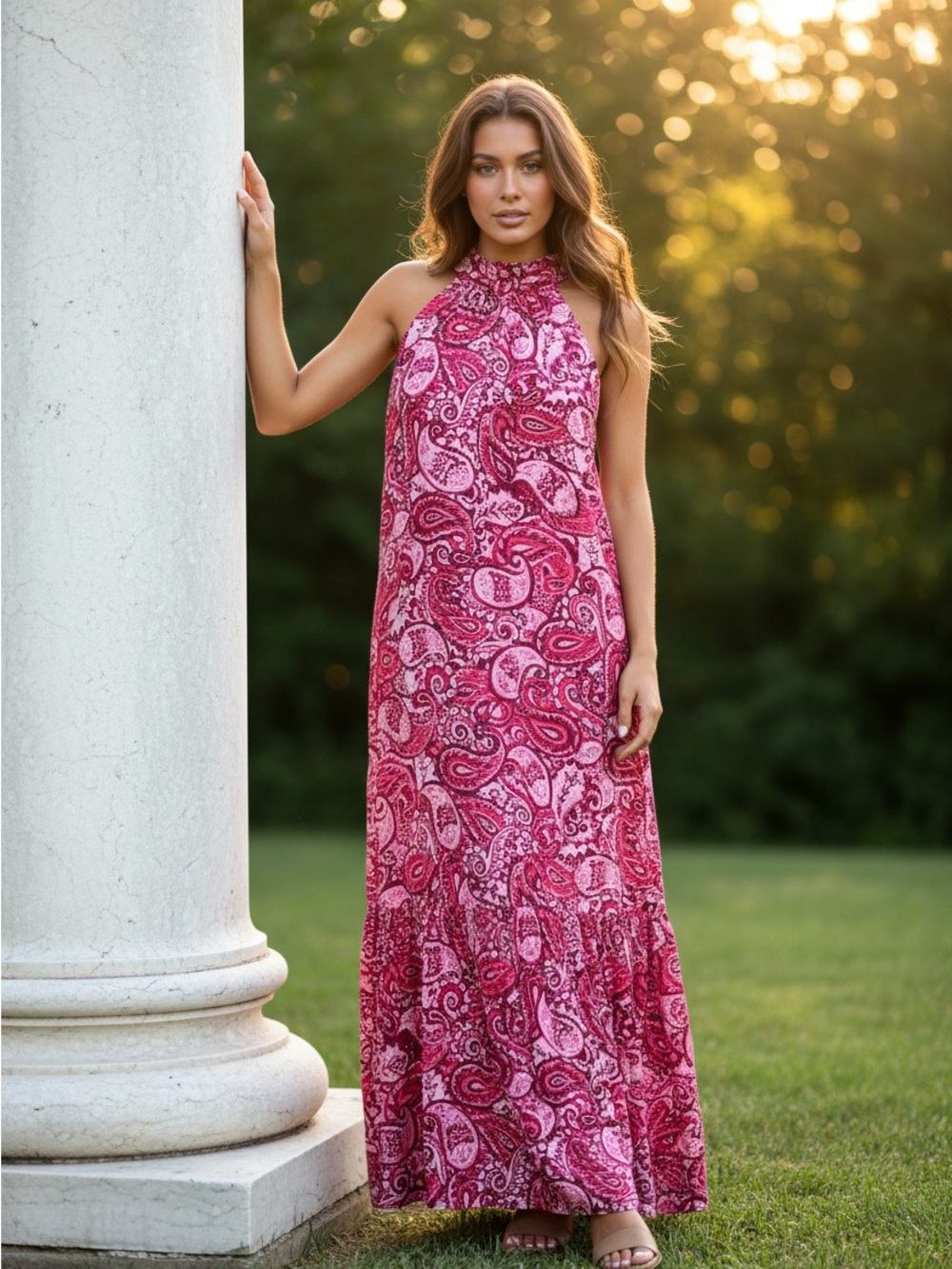 Cynthia Steffe Pink and Magenta Paisley Halter Dress